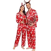 SWOMOG Couples Matching Pajamas Sets Women & Men Silk Satin Long Sleeve Button Down Sleepwear 2 Pcs Classic Loungewear