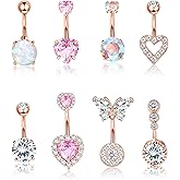 Dochais Pink Heart Belly Button Ring Piercing 8Pcs 14G Surgical Stainless Steel Navel Piercing Hypoallergenic Cute Created-opal Butterfly Belly Button Rings for Women
