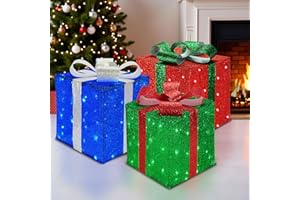 YULETIME 3-Piece Pre-lit Decorative Gift Box – 16", 14", and 12" Red, Green & Blue Lighted Large 3D Boxes with 213 LED Mini Lights (Red, Green & Blue)