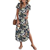 MISFAY Women's Summer Maxi Dress 2026 Casual Short Sleeves V Neck Loose Sundress Split Long Beach T Shirt Dress
