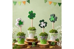 Mizelu 4 Pcs St. Patrick's Day Shamrock Potted Plants, Wooden Shamrock Artificial Potted Decor, Clover Table Plant Centerpiec