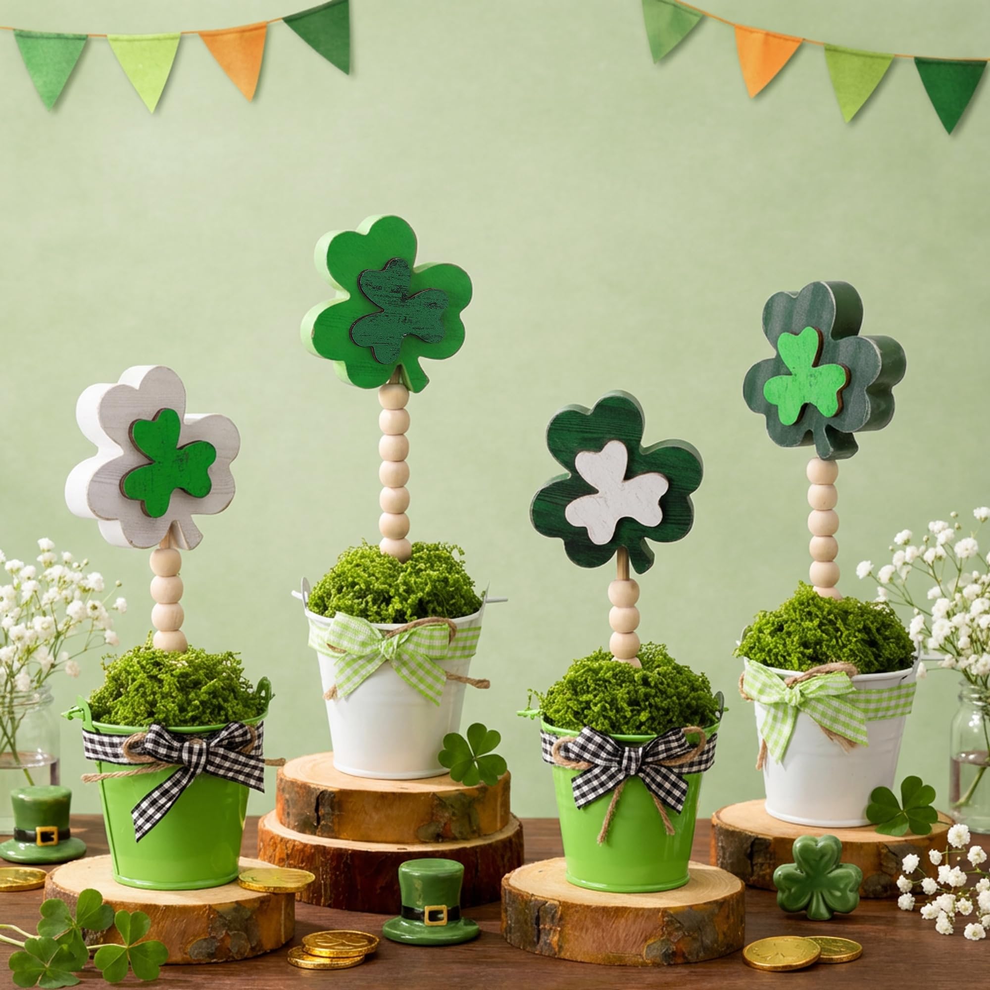 Photo 1 of ***MISSING 2 SHAMROCK TOPPERS** Mizelu 4 Pcs St. Patrick's Day Shamrock Potted Plants, Wooden Shamrock Artificial Potted Decor, Clover Table Plant Centerpiece Sign for Home Office Irish Party Desk Mantle Shelf Decoration