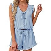 KFUBUO Womens Ruffle Pajamas Set 2 Piece Pj V Neck Tank Tops and Shorts Sleepwear Set Bridal Pajama Sets