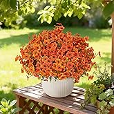 Fierscial Artificial Flowers for Outdoors, 12 Bundles Orange Fake Daisy Flowers Spring Decor, UV Resistant Faux Flower Daisy with Eucalyptus for Garden Porch Planter Box