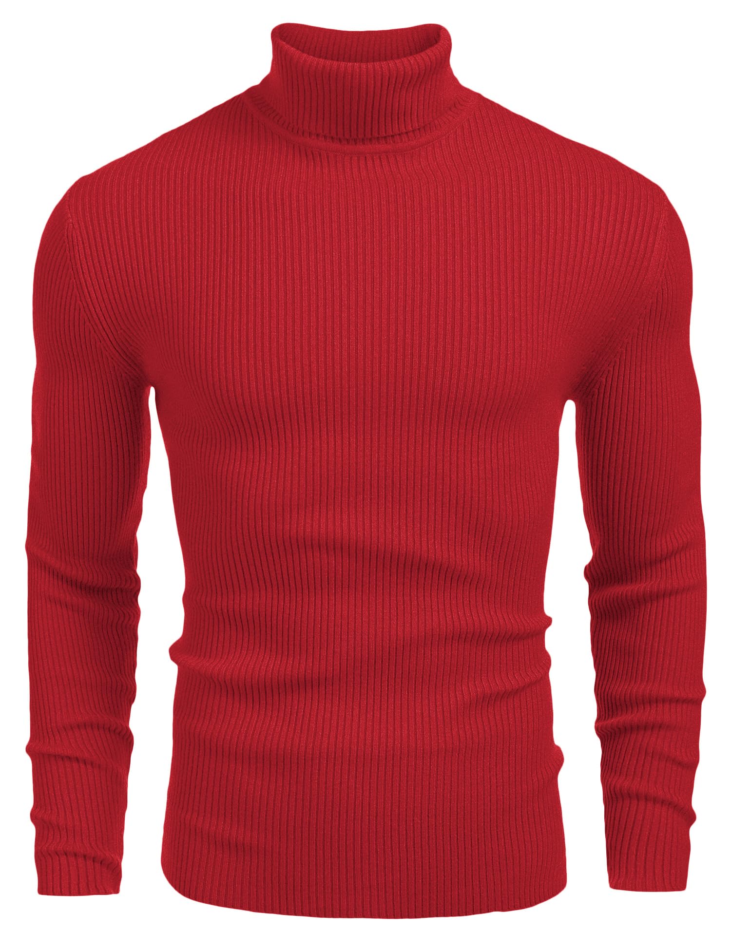 COOFANDY Mens Ribbed Slim Fit Knitted Pullover Casual Turtleneck Sweater Red Image