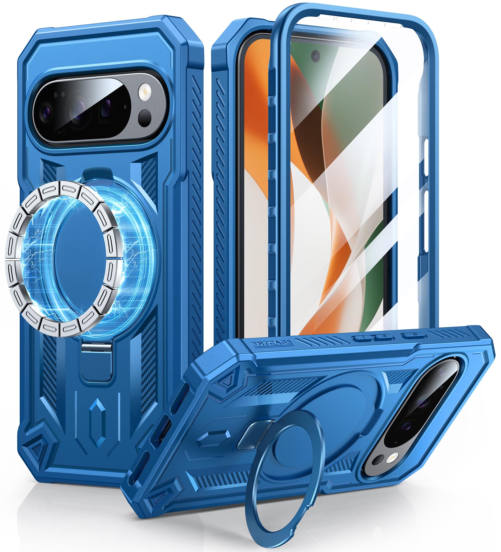 FNTCASE for Google Pixel 10-Pro-XL Case: for 9 Pro XL Case with Ring Holder Magnetic Kickstand Military Grade Shockproof Protective Rugged Cell Phone Cover 5G - 6.8 Inch (Blue)
