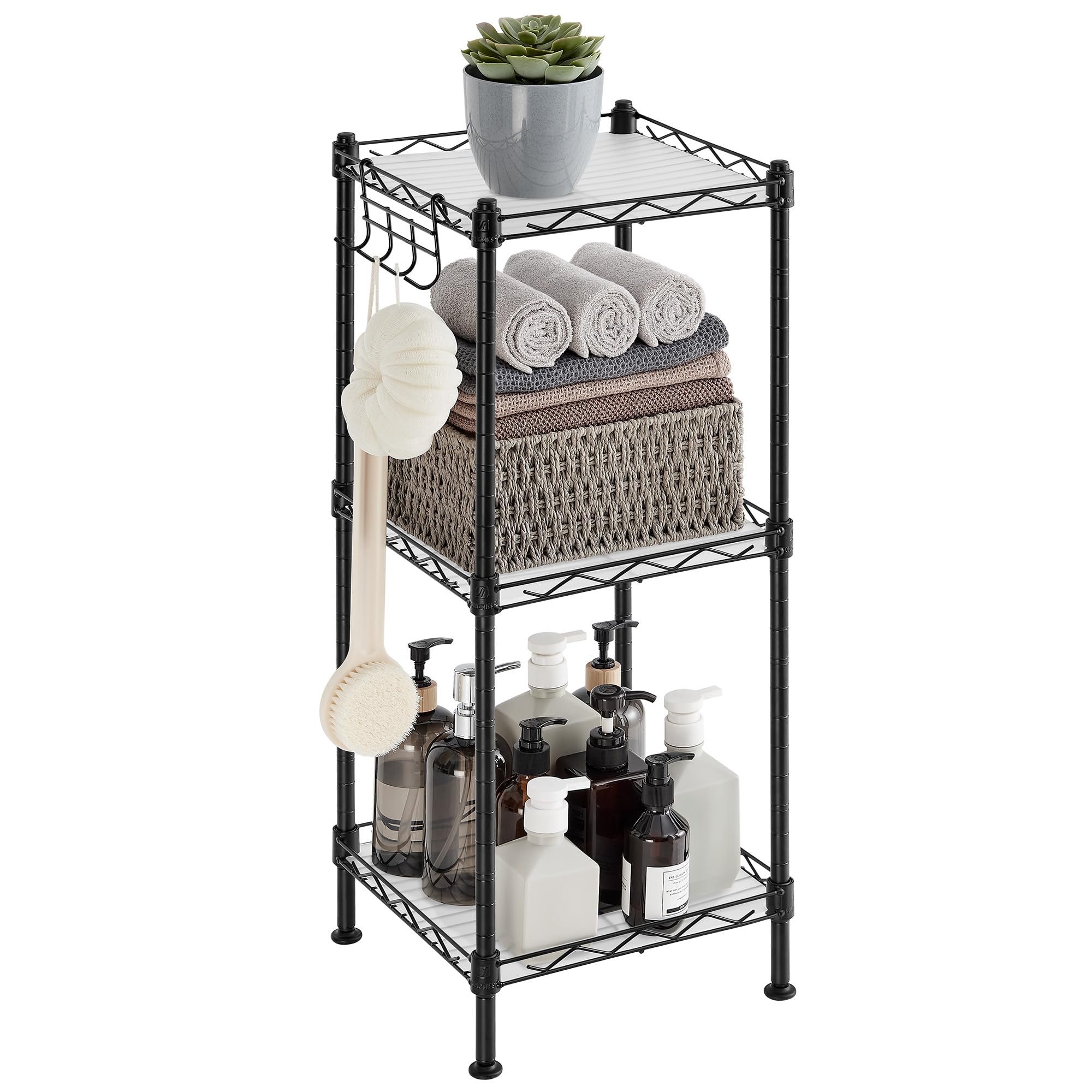 SONGMICS 3-Tier Bathroom Shelf, Storage Rack for Small Space, with 3 PP Shelf Liners, Removable Hook, Extendable Design, Ink Black and Translucent ULGR103B01 Image
