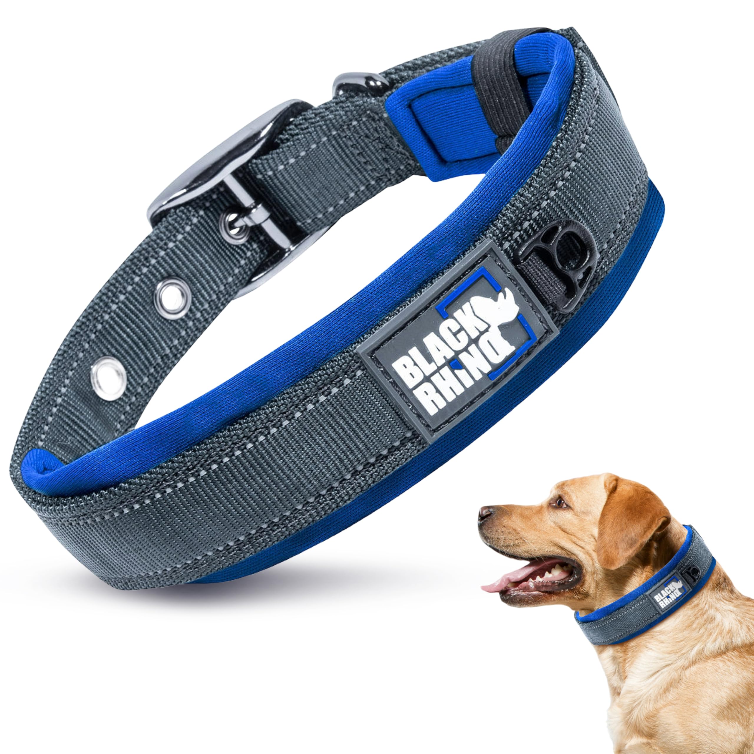 Black Rhino Dog Collar - Heavy-Duty Adjustable and Reflective Waterproof Wide Dog Collar - Soft Neoprene Padding Collars Suitable for All Breeds - Ideal Fit for Active Dogs - Large, Black and Blue