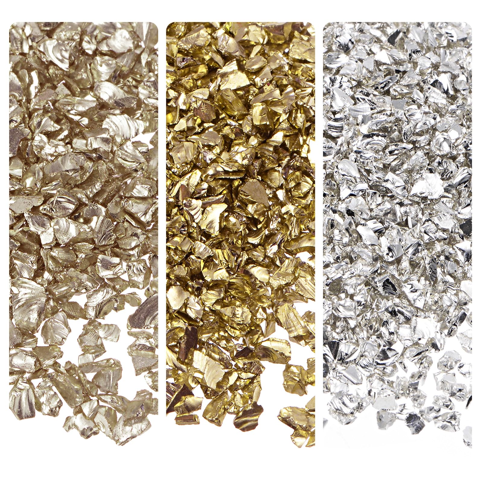 Kozelo 3 Colors Crushed Glass Chips - [1-4mm x 28g] Irregular Metallic Glass Gold Silver Tone Color Series for DIY Crafts Nail Art Use, Electroplated Surface