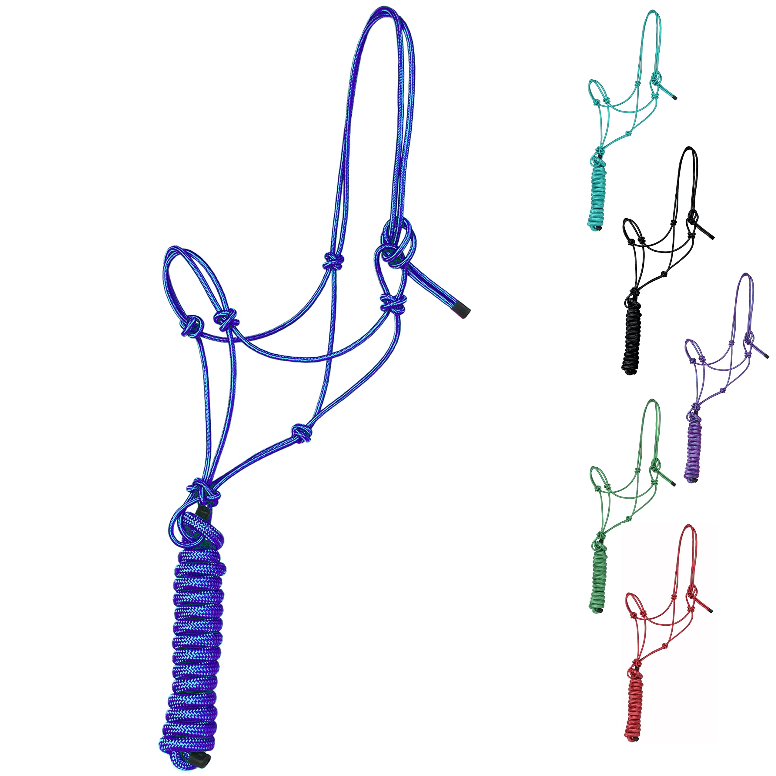 Majestic Ally 1/4" Rope 4 Knot Stiff Polyester Training Halter with 10’ Matching Lead Rope for Horses – Full (Royal Blue, Full)