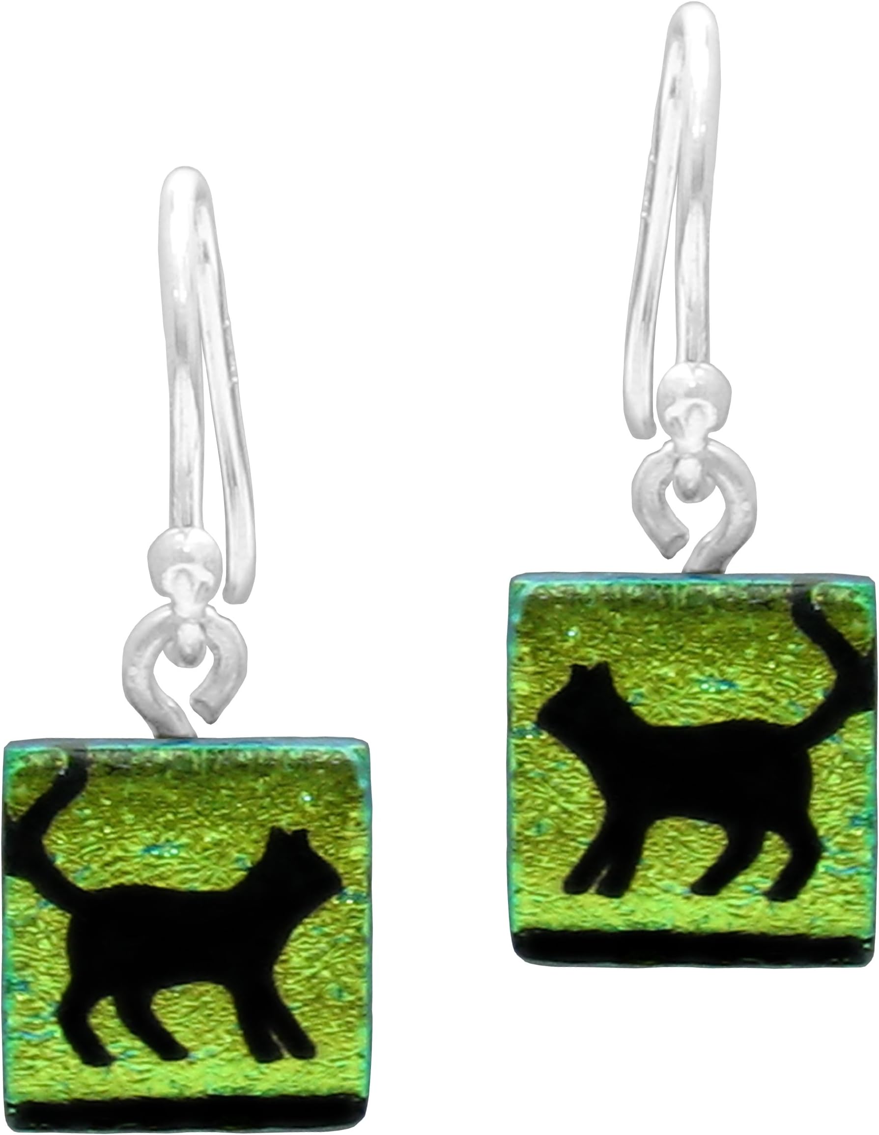 Sterling Silver Dichroic Glass Yellow Cat Pattern Square-Shaped Earrings