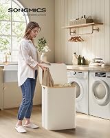 SONGMICS 130L Laundry Basket with Lid 2-Section Collapsible Cream White view 2