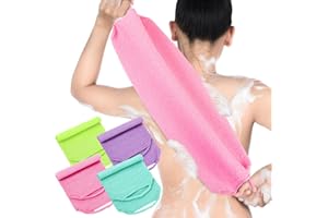 Moukeren Exfoliating Back Scrubber with Handles 4 Pack Nylon Back Exfoliator Extended Length Washers Scrubbers Stretchable Pull Strap Exfoliating Washcloth(Pink,Blue,Fluorescent Green,Purple)