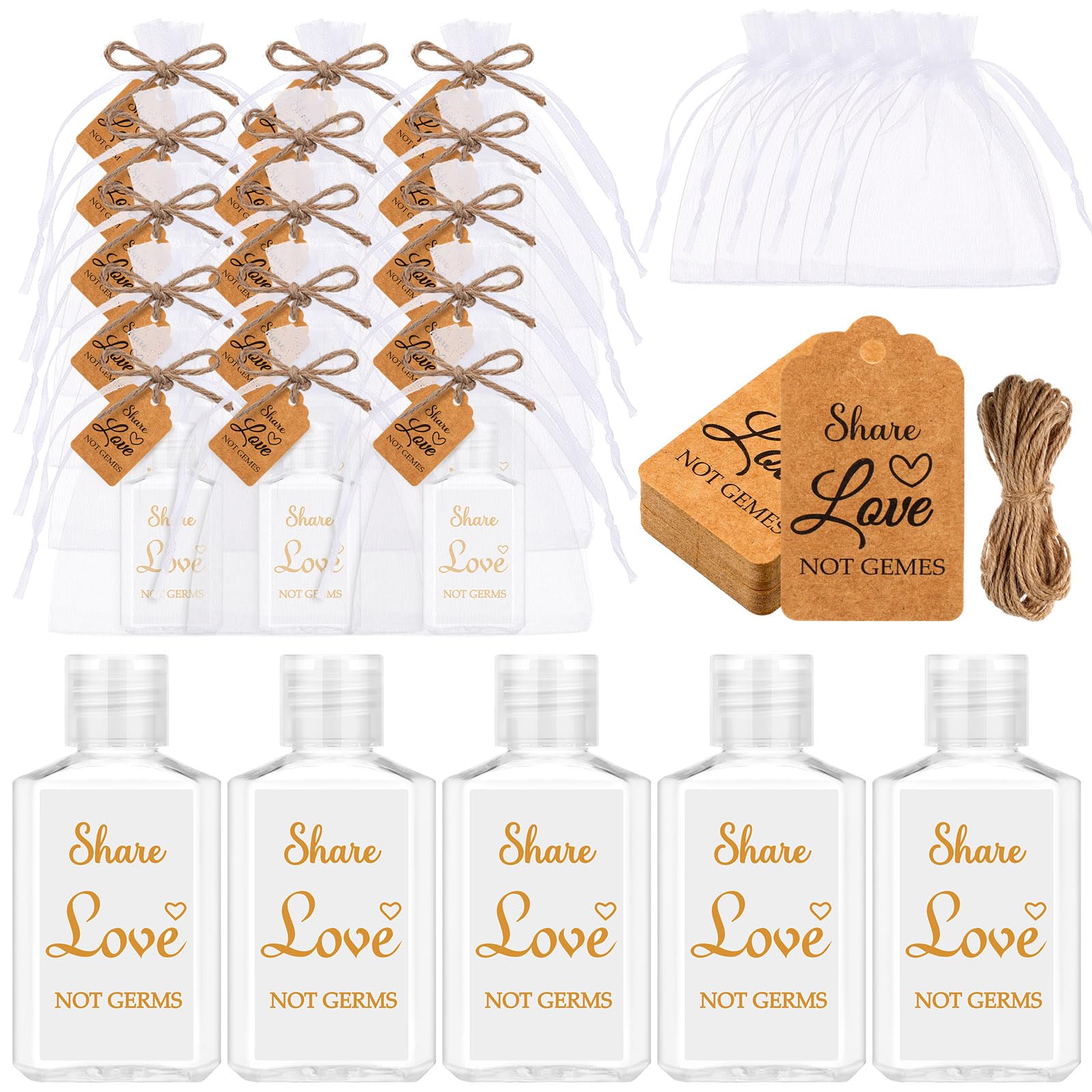 Photo 1 of ***ONLY NON LABELED BOTTLES***Tiangrid 50 Sets Mini Hand Sanitizer Bottles bulk Wedding Favors for Guests 2oz Empty Travel Size Hand Sanitizer Bottles with 50 Organza Bags Thank You Tags for Wedding Party(Love,Gold)
