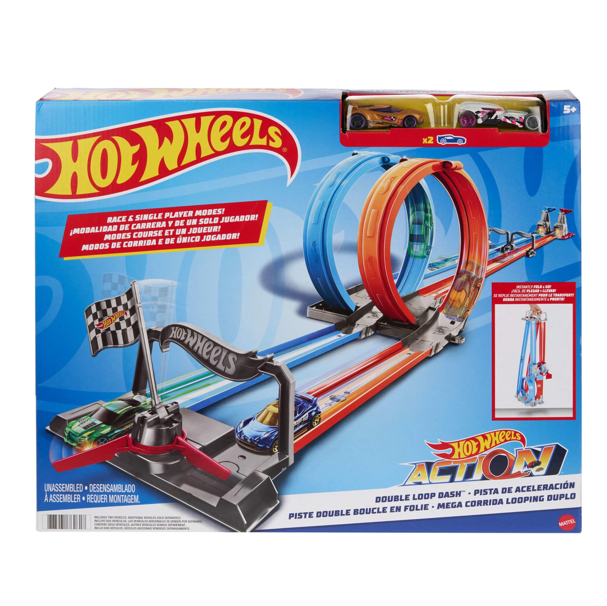 HOT WHEELS GFH85 Two-Track Looping Race Track, Straight Track Parts, Large Loopings and 2 Toy Vehicles in 1:64 Scale for Children from 5 to 10 Years