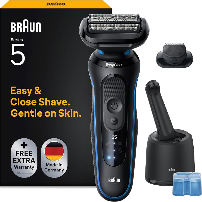 Rasoio Elettrico Uomo Serie 5, Macchina Da Rasatura A Secco E Bagnato, 2 Modalità Di Rasatura, 50 Min Di Uso, Centro Di Pulizia, Trimmer Di Precisione, Custodia Da Viaggio, 52-B7200CC, Blu
