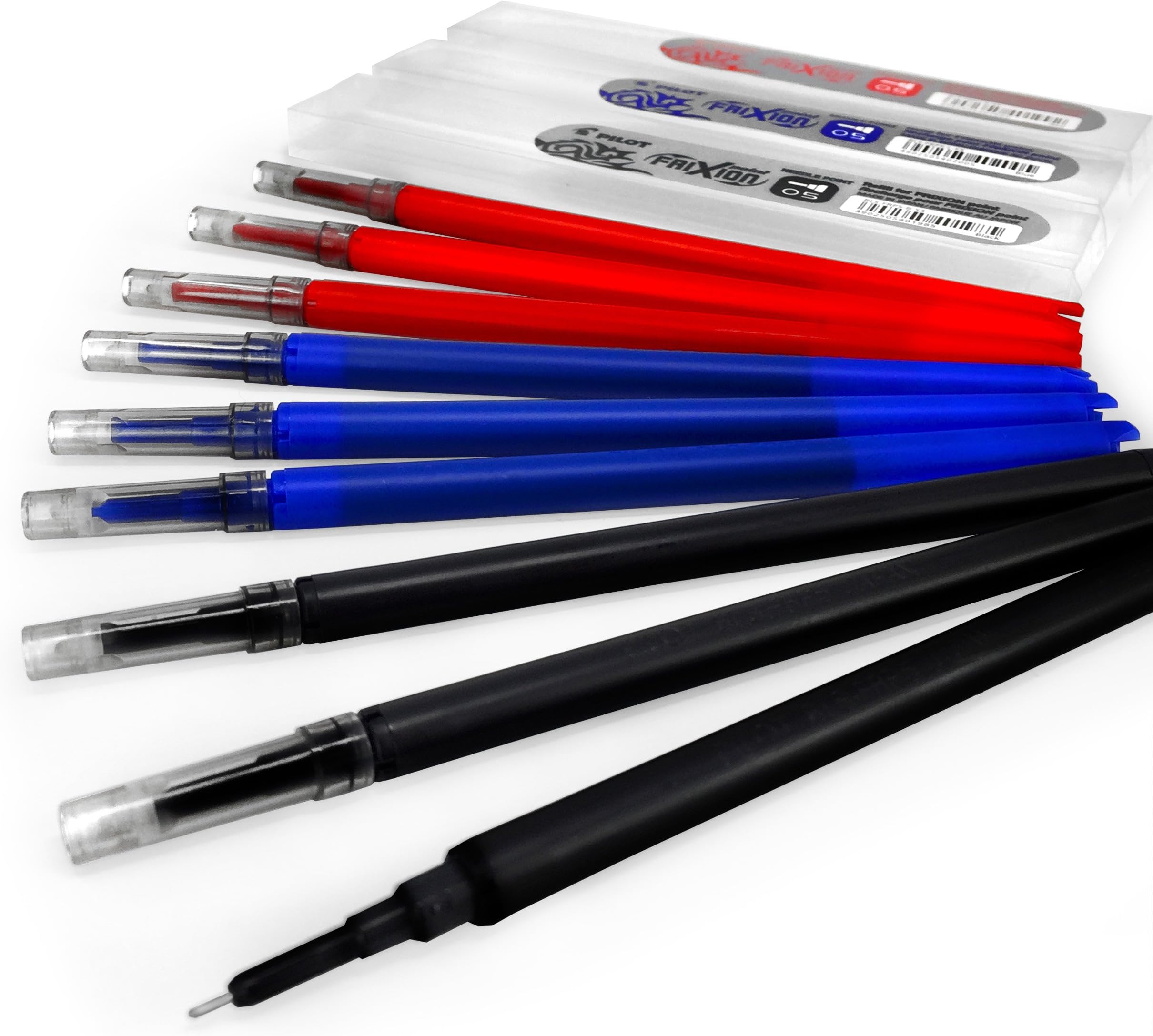 Pilot FRIXION Point Refills – 0.5mm Needle Point – Pack of 3 – 9 Refills - Black, Blue, Red