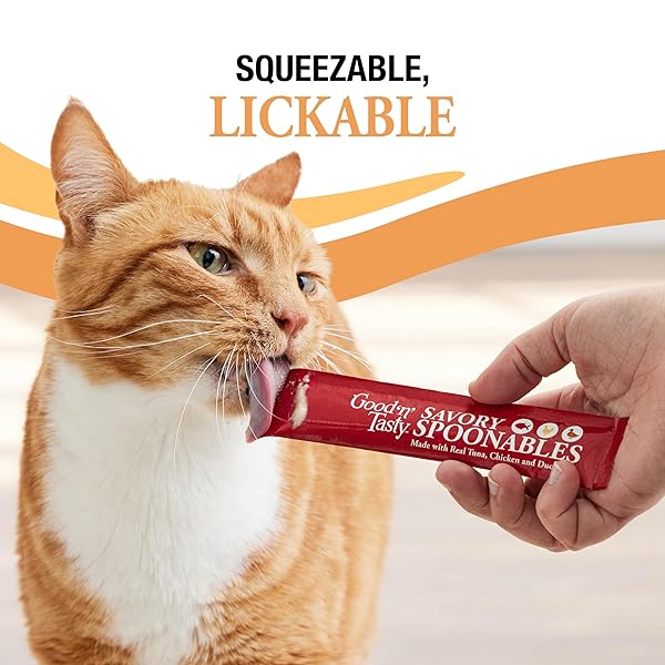 GOOD ‘N’ TASTY SAVORY SPOONABLES WITH REAL TUNA, CHICKEN AND DUCK FOR CATS, 10 COUNT, TREAT YOUR CAT TO TRIPLE FLAVOR SQUEEZABLE LICKABLE WET TREATS WITH BUILT-IN SPOON FOR LESS MESS