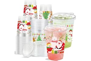 Clawsoff 16 oz 50 Pack Christmas Plastic Cups with Lids, Sturdy Iced Coffee Cups with Sip Lids, Disposable Food Safe Smoothie Cup for Cold Drinks, Juice, Milkshake