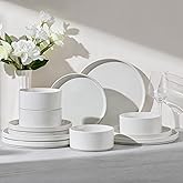 E-far 12-Piece Plates and Bowls Sets, Stoneware Dinnerware Dishes Sets for 4, Kitchen Modern Dining Dishware, Chip & Scratch Resistant, Microwave & Dishwasher Safe, Speckled White