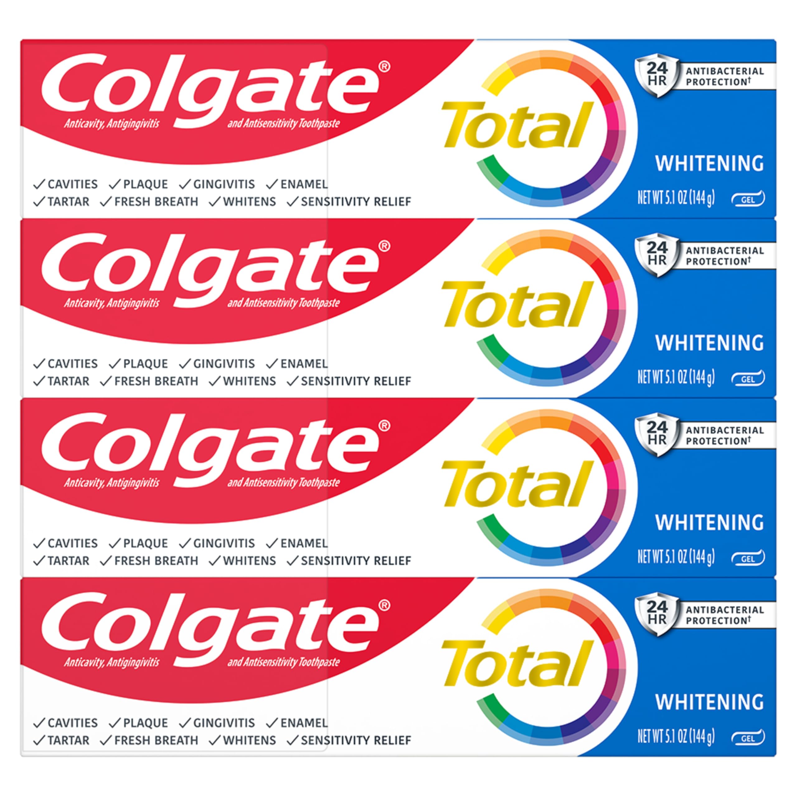Photo 1 of Colgate Total Whitening Toothpaste Gel, 10 Benefits, No Trade-Offs, Freshens Breath, Whitens Teeth and Provides Sensitivity Relief, Mint Flavor, 4 Pack, 5.1 Oz Tubes
