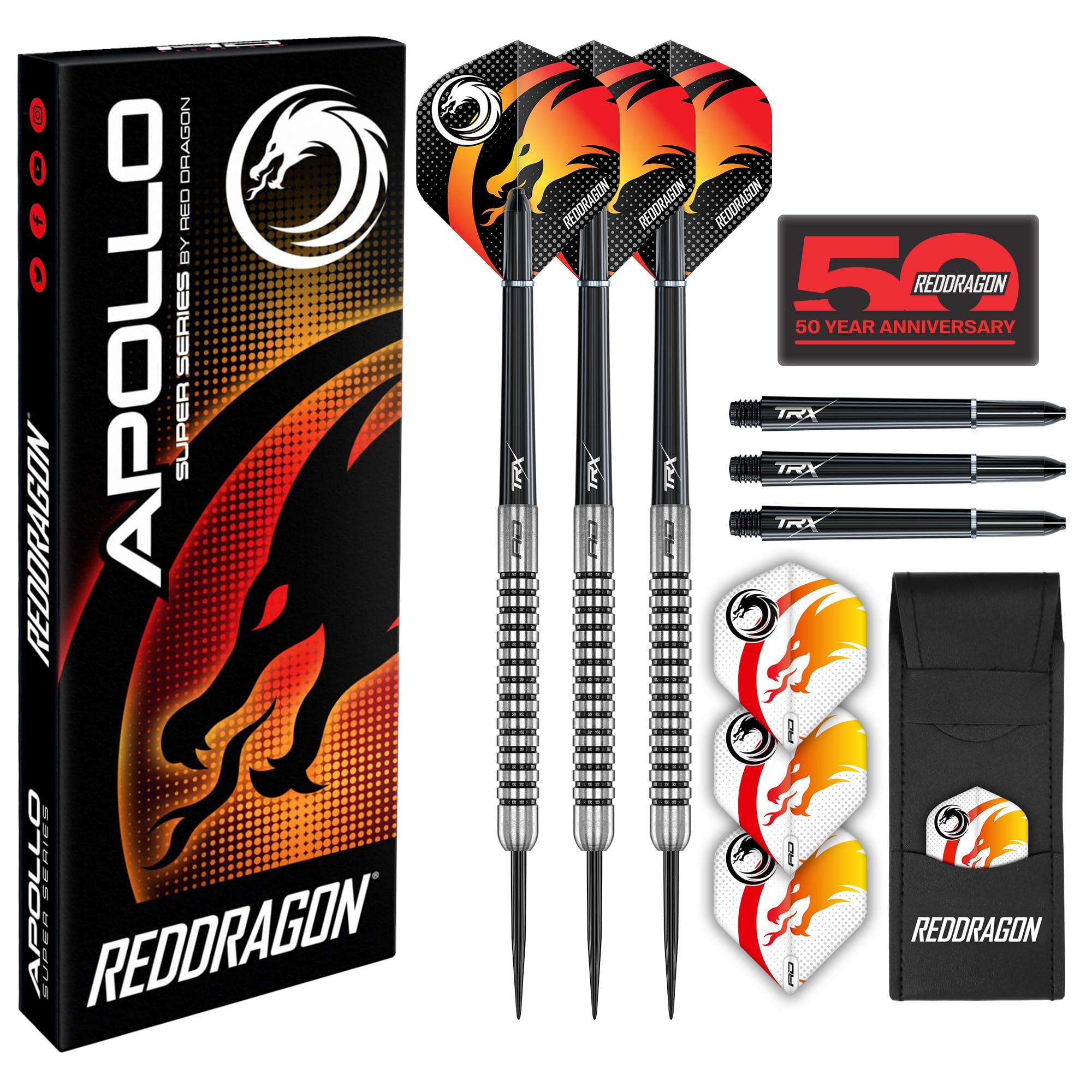 RED DRAGON Apollo 23g Steeltip Darts Set with Dart Flights and Dart Shafts (Stems) Including Darts Wallet