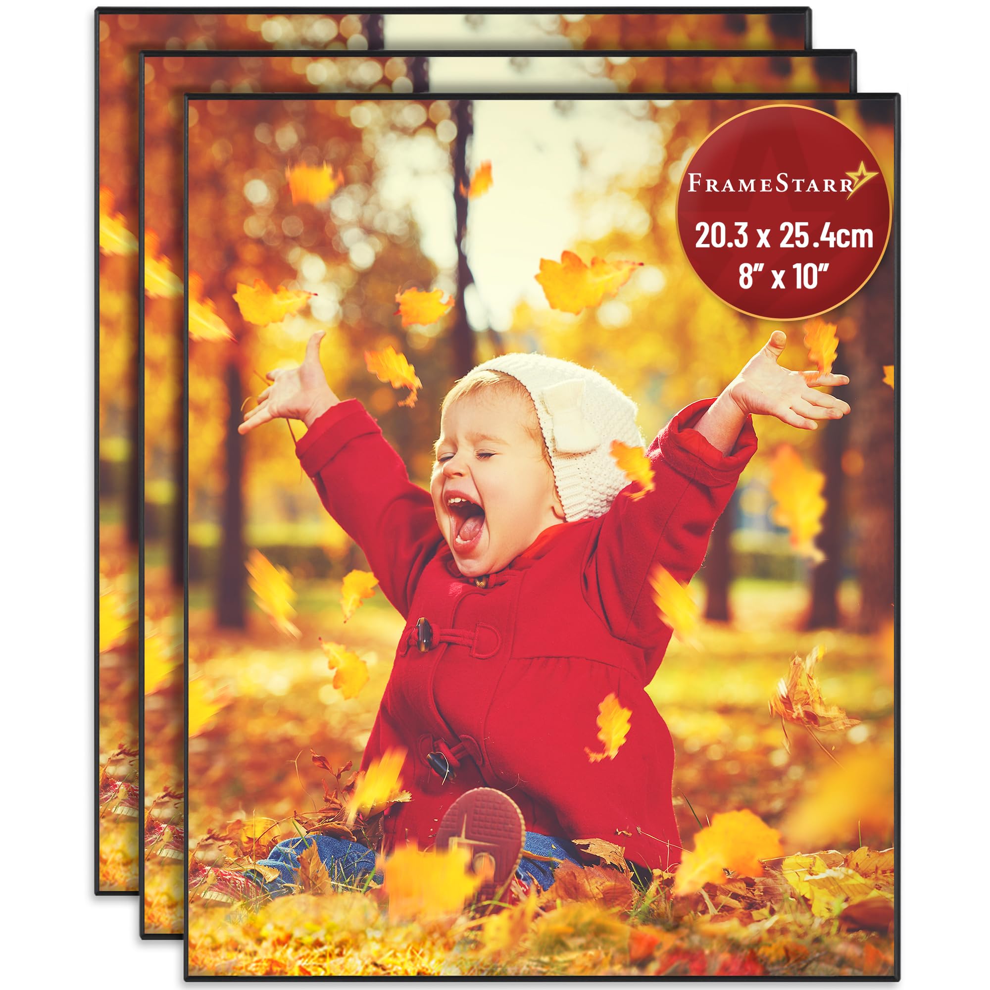 FrameStarr 10x8 Picture Frame Set (Black, 3 Pack), Front-Loading Contemporary Modern Style, Tabletop or Wall Mount, Harmony Collection