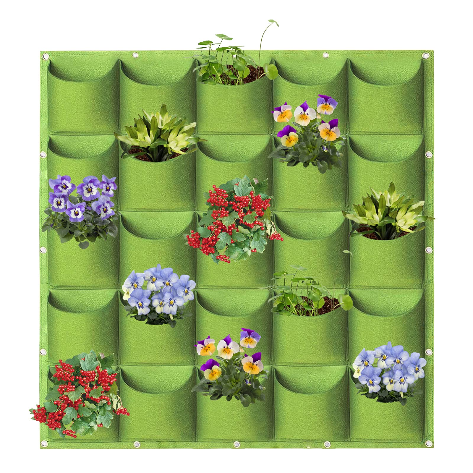 WHATWEARS Hanging Planter Bags, 25 Pockets Hanging Vertical Wall Mounted Planter Planting Grow Bag, Gardening Vertical Greening Flower Container Plant Pouch Storage Bags(1m×1m, Green)