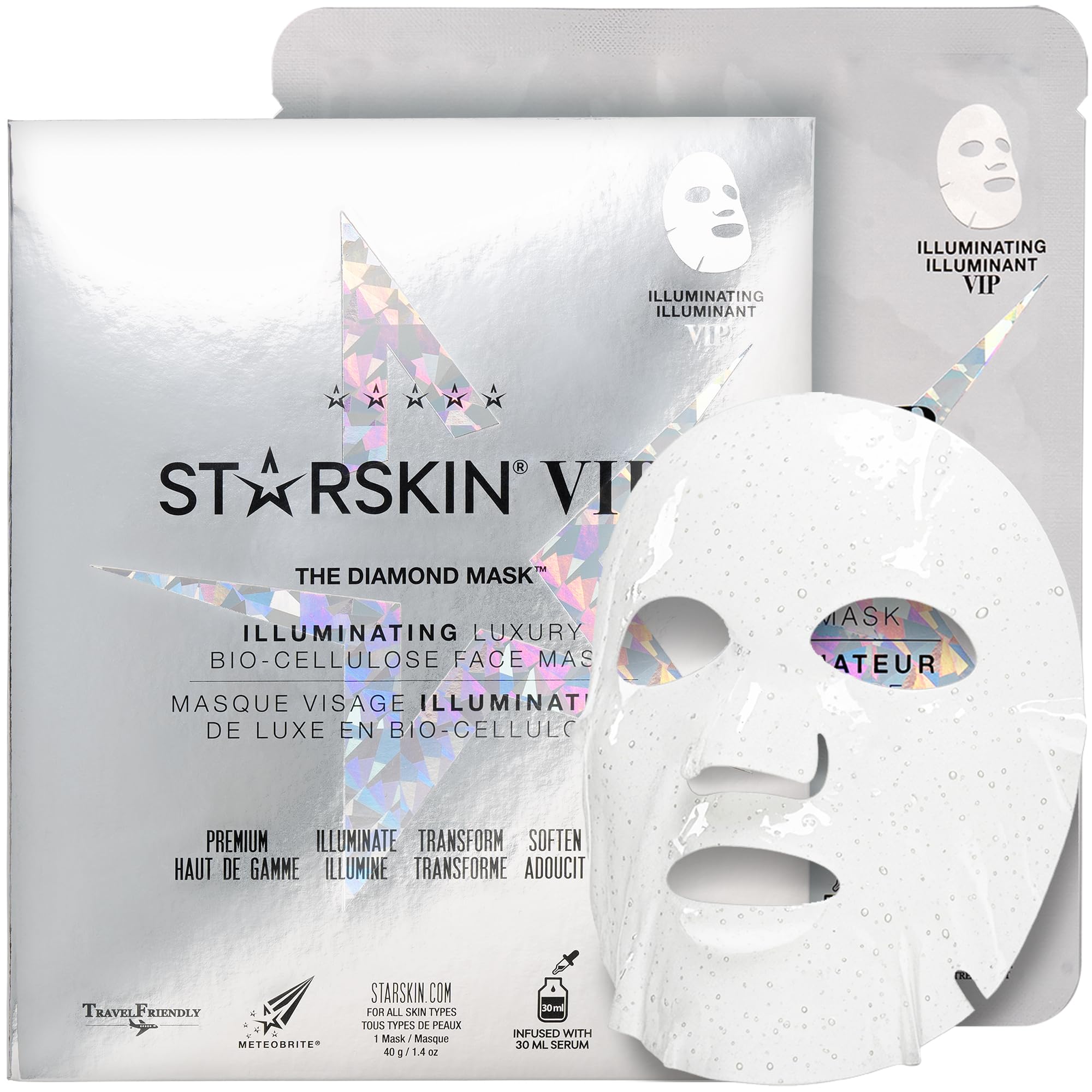 STARSKIN VIP Diamond Mask Face 1x40g, Coconut Bio-Cellulose Brightening Face Mask for all Skin Types, Korean Skin Care, Infused with Niacinamide and Diamond Dust, Moisturizing and Nourishing