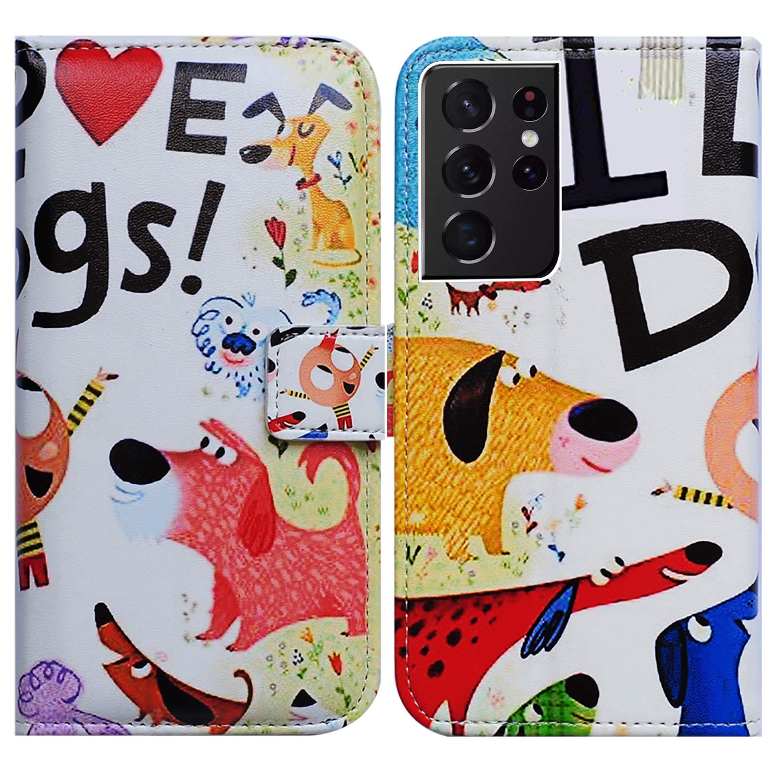 Bcov Galaxy S21 Ultra Case, Colorful Cute Dogs Leather Flip Phone Case Wallet Cover with Card Slot Holder Kickstand For Samsung Galaxy S21 Ultra