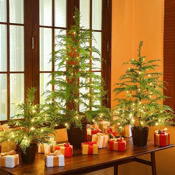 CINNVOICE CHRISTMAS 3FT 4FT 5FT POTTED PRE-LIT TWINKLE LED CYPRESS NORFOLK ARTIFICIAL CHRISTMAS TREE, FAUX POTTED PLANTS WITH A WOVEN BASKET BASE FOR FRONT PORCH INDOOR OUTDOOR DECOR(CYPRESS TREE)