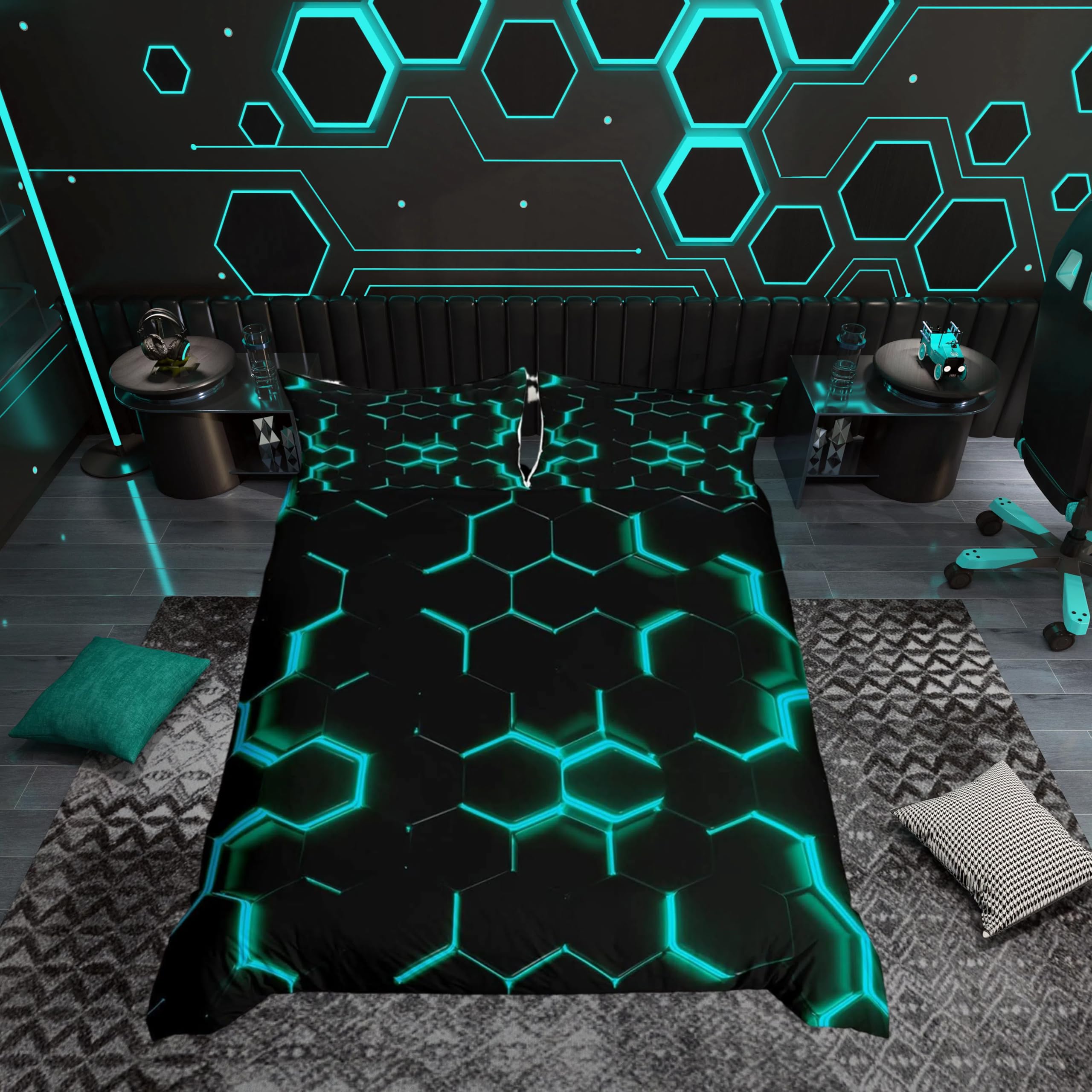 Teal and Black Print Duvet Cover Hexagonal Bedding Set Kids Boys Teens Honeycomb Decor Comforter Cover Beehive Simplistic Geometric Bedspread Cover Bedroom Collection 3Pcs King Size — image 1