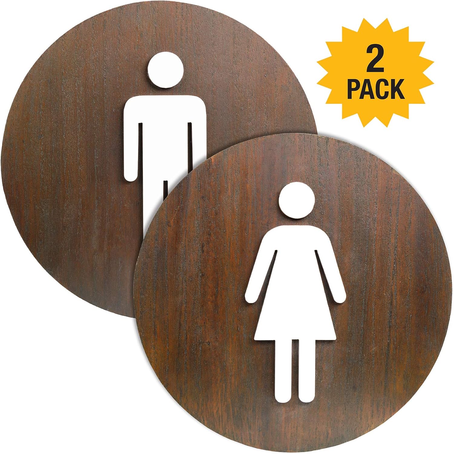 Wooden Restroom Sign Male and Female 2-Pack: for Business Home Office and Restaurants Easy to Mount Informative Plastic Sign with Symbols (Brown)