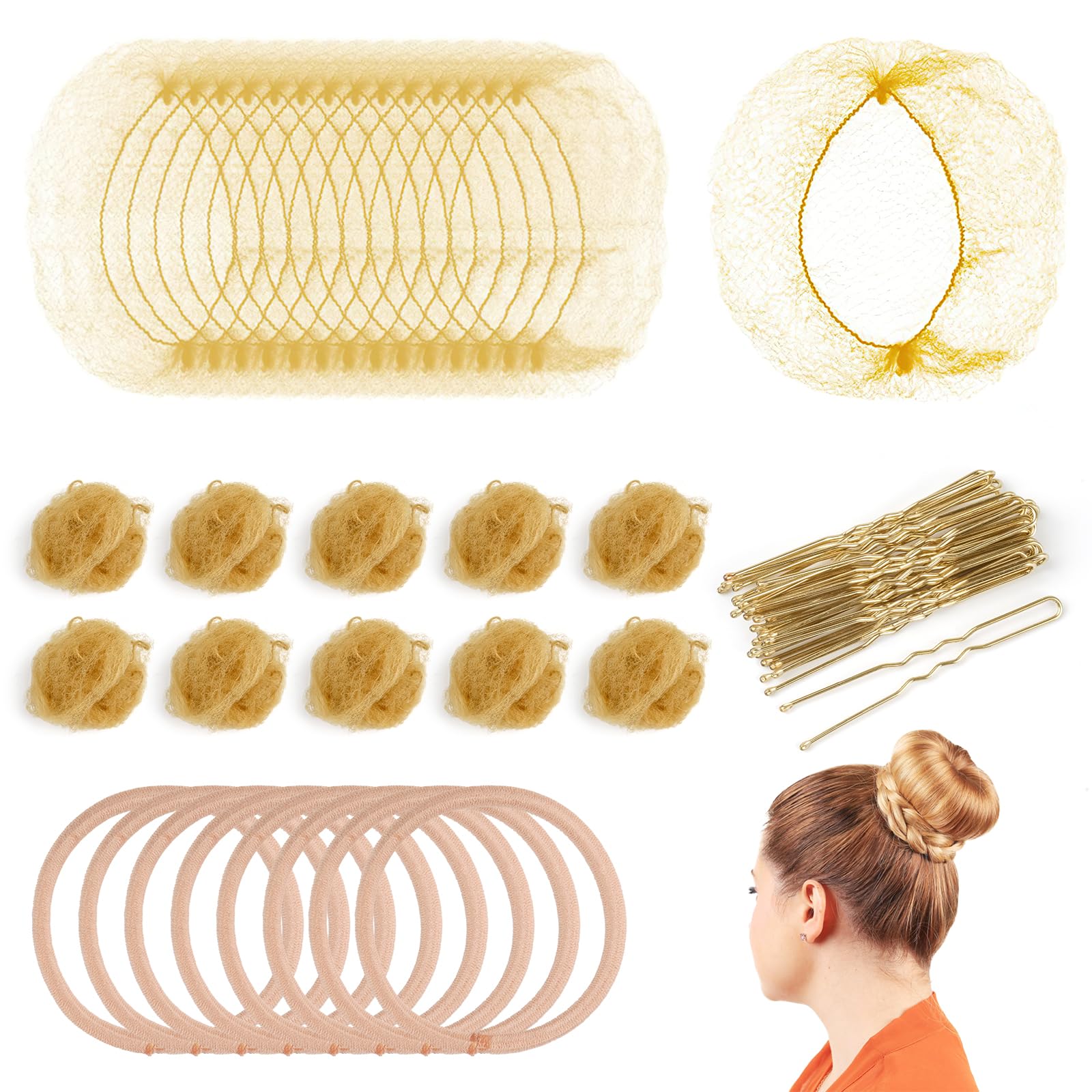 90Pcs Hair Bun Net Set, Incluede 40 Invisible Blonde Ballet Hair Nets with 10p Elastic Hair Tie and 40 Hair Pin, Elastic Mesh Hairnets Hair Styling Accessories for Ballet Dancer Women Child (Gold)