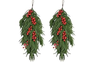 Tobilu 2 Pcs Christmas Teardrop Swag - Christmas Door Swags Faux Pine Cedar Teardrop Wreath with Red Berry for Window Wall Home Indoor Outdoor Xmas Decor