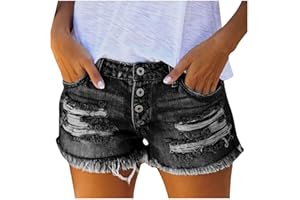 ENTIBKW Ripped Distressed Denim Shorts for Women Mid Rise Stretchy Jean Shorts Summer Casual Frayed Raw Rolled Hem Hot Shorts
