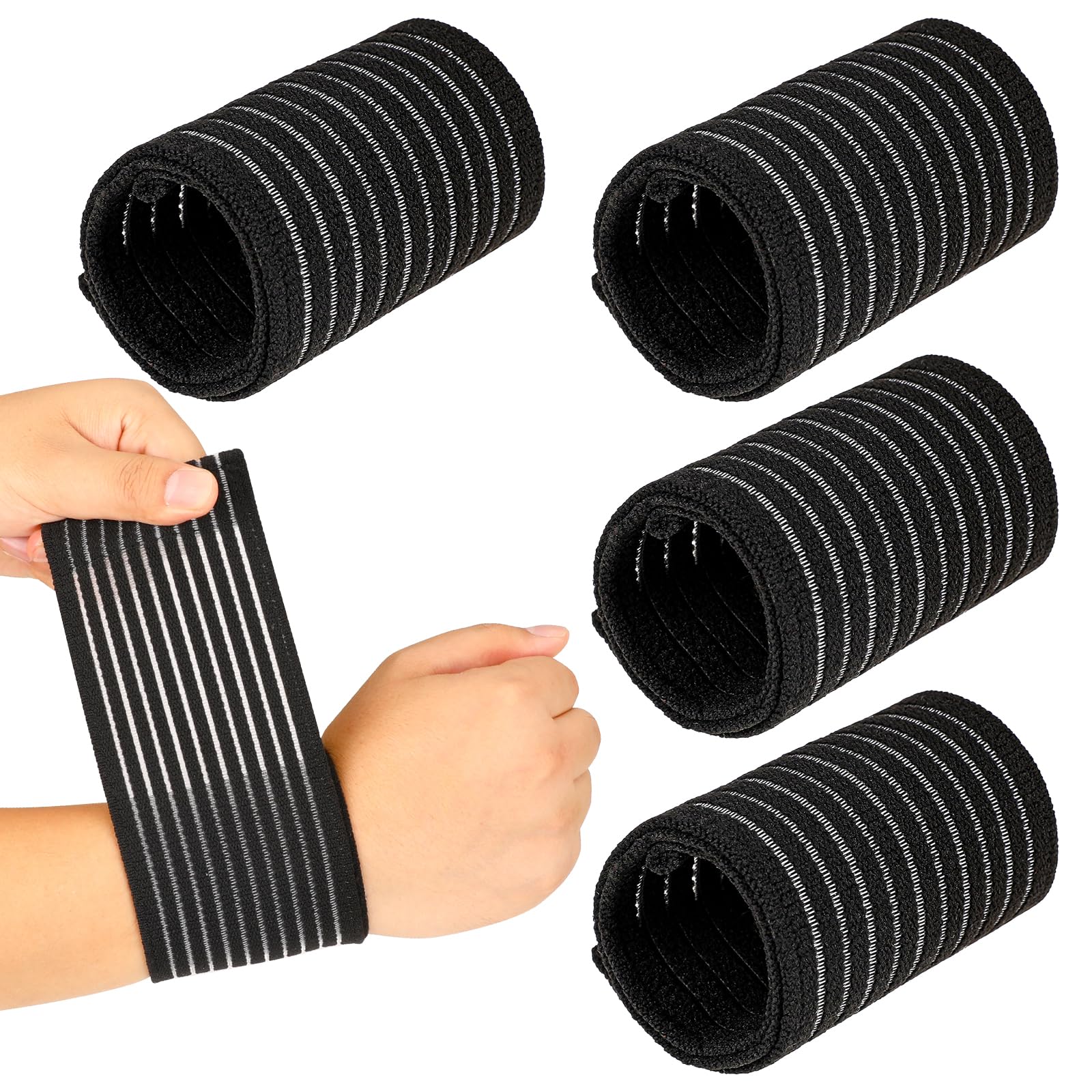 4Pcs Elastic Wrist Band Wrap Breathable Polyester Compression Brace Wristband Gym Wrist Straps Support Black Adjustable Wrist Hand Brace Wraps for Working Out Fitness Tennis Gym Sport Men Women
