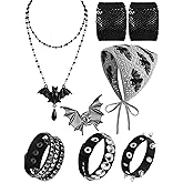Remuuly 7 Pcs 80s Women Gothic Costume Accessories Crochet Headband, Punk Bracelets, Necklace, Fishnet Glove, Metal Hair Clip