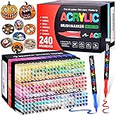 Acrylic Paint Markers Brush Tip 240 Colors, Direct-Liquid Ink Control System, Water-Based No-Bleed Premium Acrylic Paint Pens for School Art, Rock, Fabric, Wood, DIY Crafts (Includes Replacement Nibs)