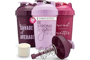 GOMOYO [3-Pack] 20 oz Protein Shaker Bottles | Women's Shaker Cups for Protein Shakes with Motivational Quotes | Small Blender Shaker Bottle Set | 3x Action-Rod Wire Mixers | Pinks and Purples
