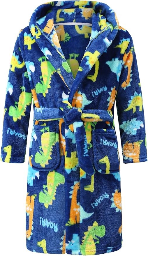 Boys Plush Soft Fleece Printed Hooded Bathrobes Sleep Robe for Toddler