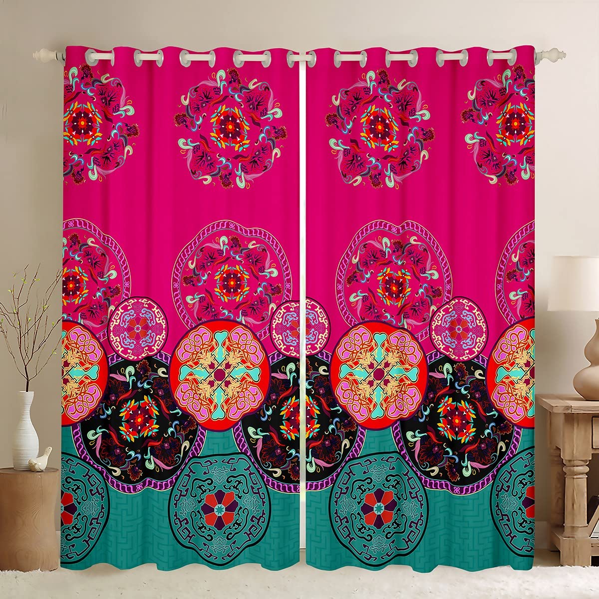 Loussiesd Boho Mandala Window Curtains for Bedroom Living Room Bohemian Style Curtains for Kids Girls Exotic Floral Window Drapes Rose Red Green Soft Window Treatments W52*L90