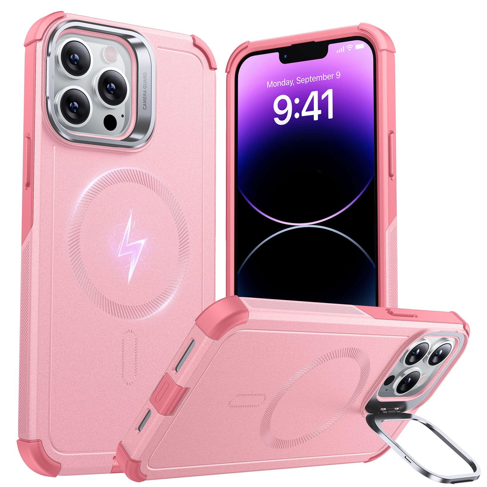 Photo 1 of ESR for iPhone 13 Pro Case with Stand, 23 ft Military-Grade Drop Protection Heavy Duty Magnetic Phone Case, Compatible with MagSafe Accessories, Cyber Series, Pink