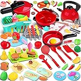 FunMission 134 Pcs Toy Kitchen Accessories, Toddler Pretend Cooking Toys with BBQ Grill, Pressure Cooker, Kettle, Pots, Pans, Kitchen Playset for Cutting Play Food, Learning Gift for Girls Boys