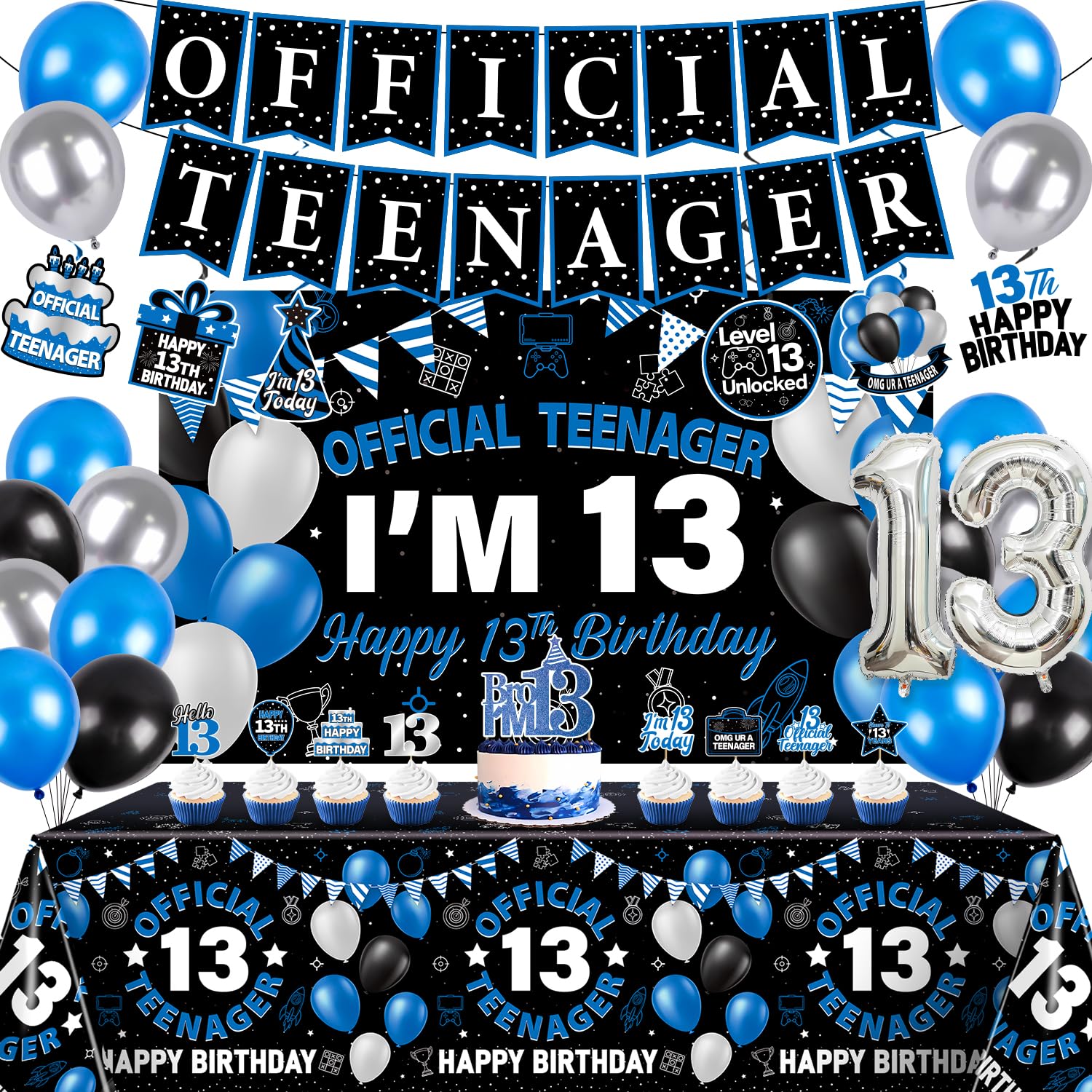 Photo 1 of 13th Birthday Decorations for Boys, 37Pcs 13 Birthday Boy Decorations Official Teenager Banner Backdrop, Happy 13th Birthday Tablecloth, 13 Year Old Boy Birthday Balloons Hanging Swirls Cake Toppers