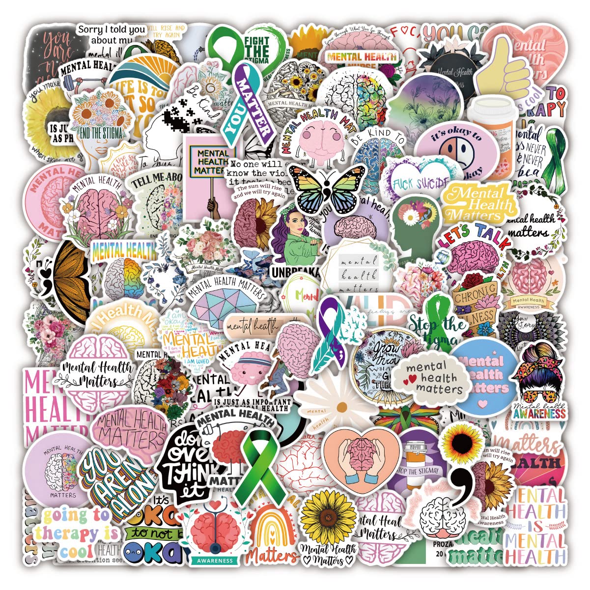 100 Pcs Mental Health Stickers Laptop Car Scrapbook Phone Skateboard Bike Travel Case Mental Health Awareness Stickers Vinyl Waterproof Aesthetic Personalised Stickers for Teens Boys Girls Adults — image 1