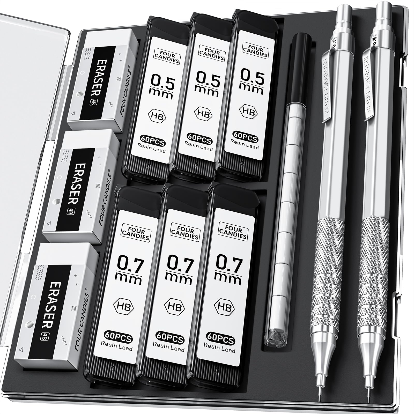 Four Candies 2PCS Metal Mechanical Pencils Set with Case, 0.5mm & 0.7 mm Artist Pencil with 6 Tubes (360PCS) HB Lead Refills, 3 Erasers,9 Eraser Refills For Writing Drafting, Drawing, Silver