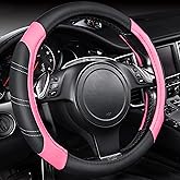 CAR PASS Line Rider Microfiber Leather Sporty 14.5-15 inch Steering Wheel Cover Universal Fits for 95% Truck,SUV,Cars, Anti-Slip Safety Comfortable Design (Black Pink)