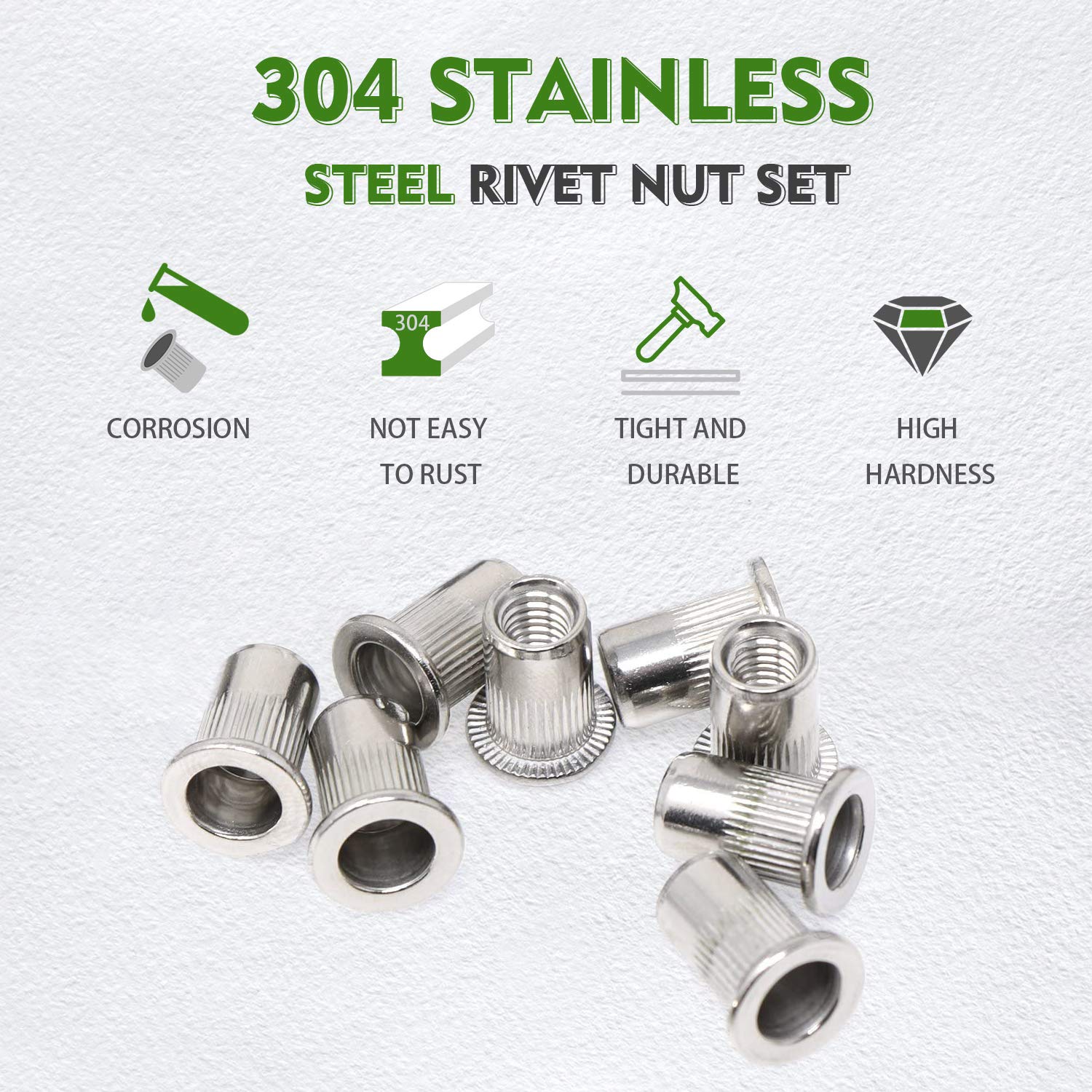 Waycreat Stainless Steel Rivet Nut, Threaded Rivetnut Insert Nutsert M3 M4 M5 M6 M8 M10 M12 Assortment Kit, 189-Pack - Image 4