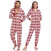 COLORFULLEAF Christmas Onesie Pajamas Adult Family Couples Matching Plaid Hoodie Suit Zipper Fleece Pj For Women and Men